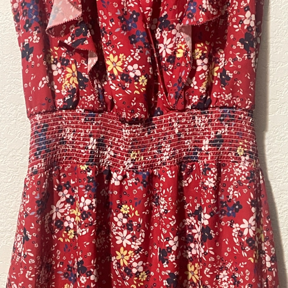 PARKER Red Scialla Ruffled Floral Smocked Waist Surplice Dress SZ L - Picture 5 of 8